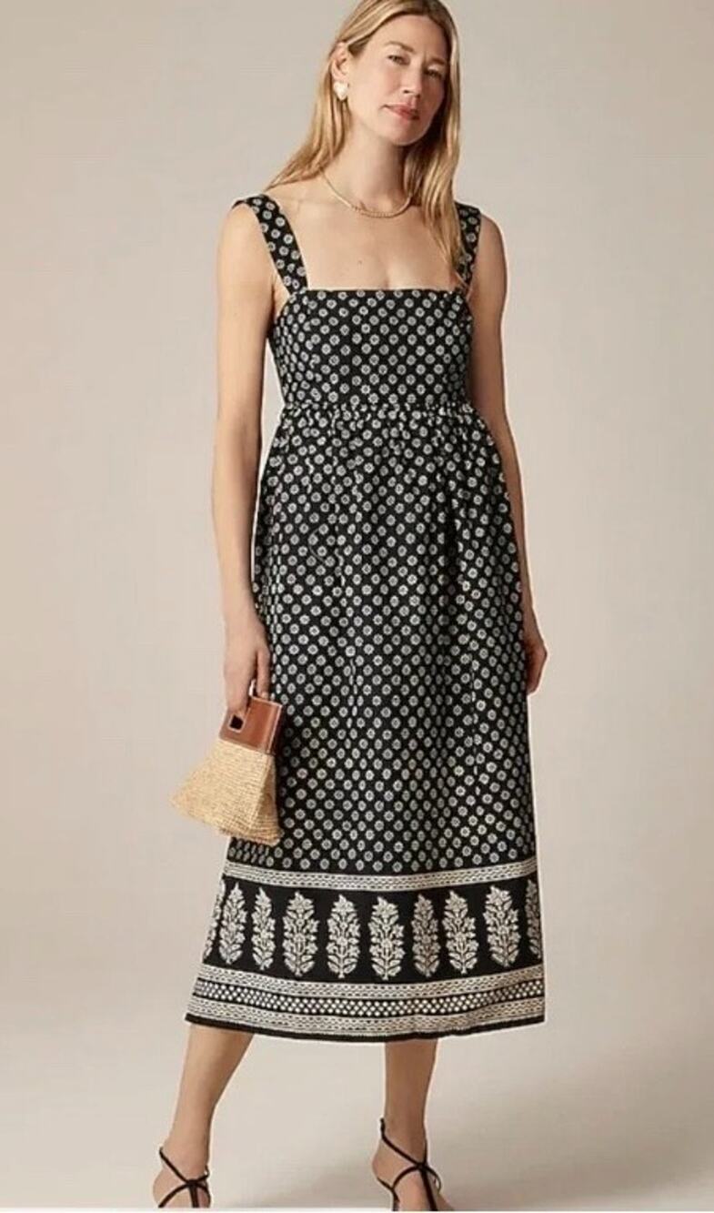 NWT J.Crew Squareneck Midi Dress In Block Print - Black Size 4 Pockets*Flaw $148